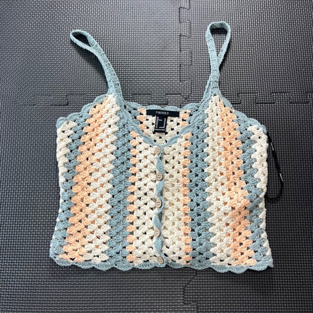 Crochet Striped Button-Up Knit Crop Top By Forever 21 Medium Blue/Peach/Cream Li